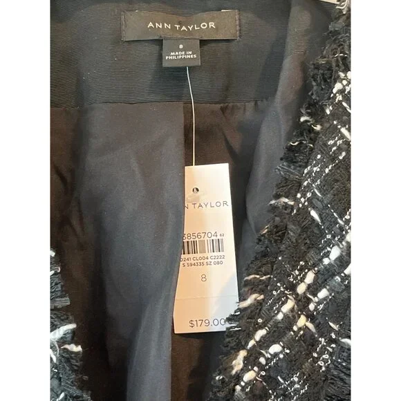 Ann Taylor Womens Black & White Tweed Fringed Button-Front Blazer Size 8 NWT - Picture 3 of 9